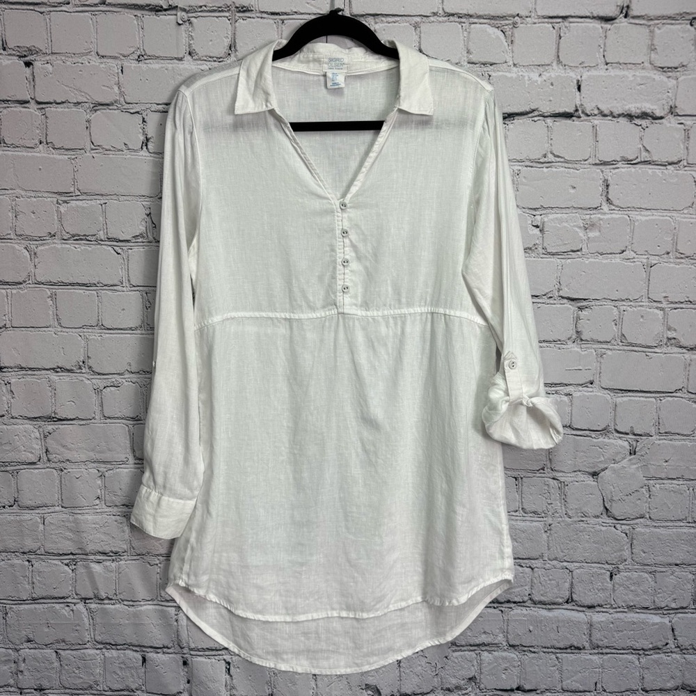 Sigrid Olsen 100% Linen White Tunic Length Collared Blouse Long Sleeves Sz Small